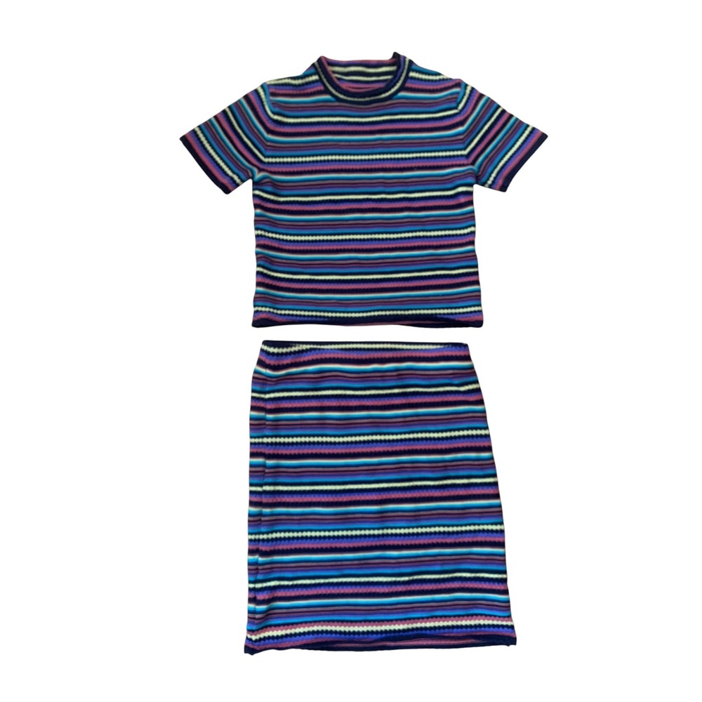Vintage 2000s Knit Set Striped Mock Neck Top and Mini Skirt Multi-Color Small
